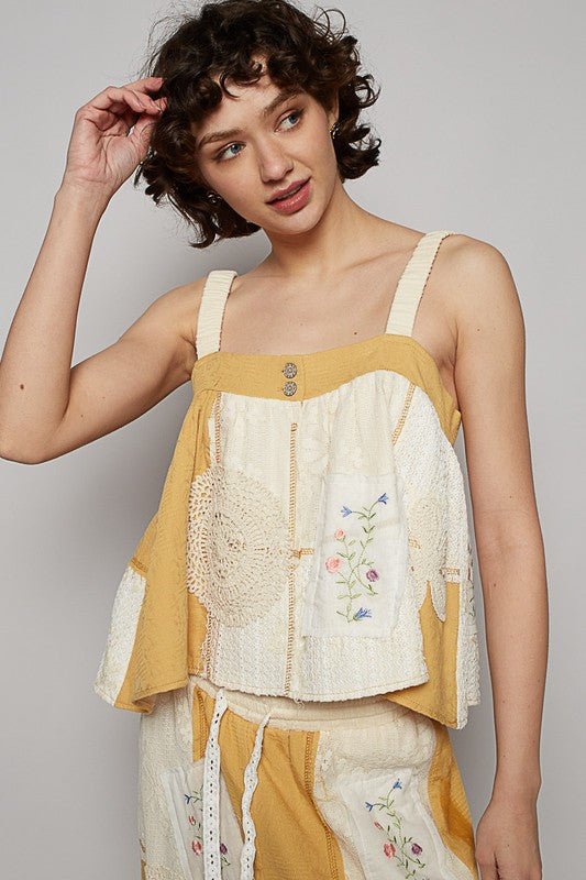 POL Embroidered Crochet Lace Patch Square Neck Cami - S. M. & Co.