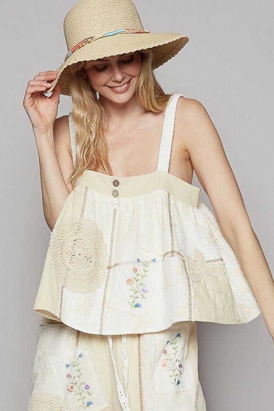 POL Embroidered Crochet Lace Patch Square Neck Cami - S. M. & Co.