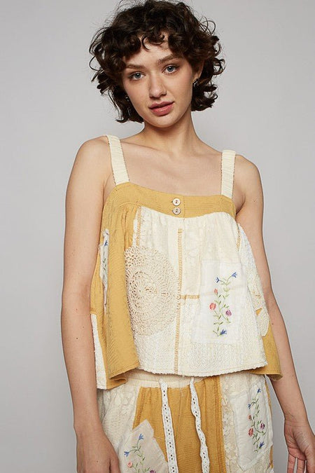 POL Embroidered Crochet Lace Patch Square Neck Cami - S. M. & Co.