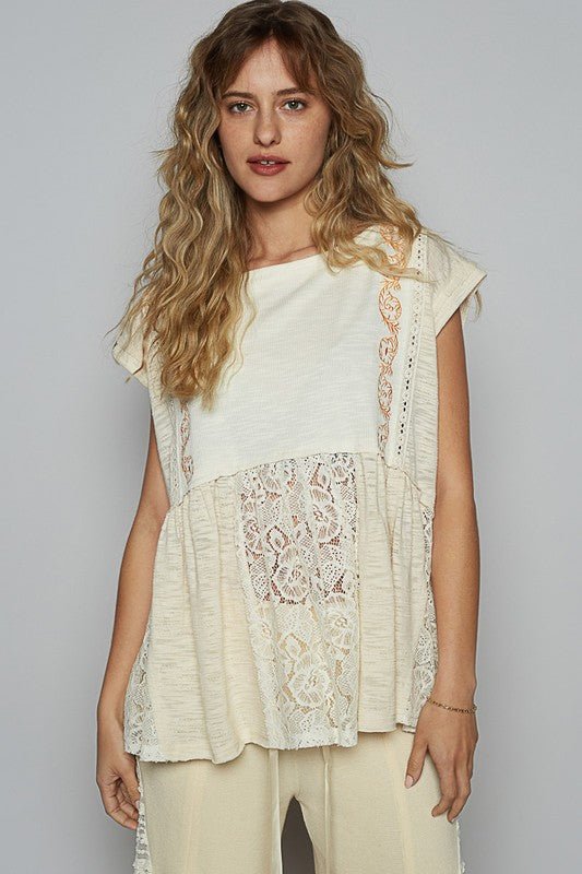 POL Embroidered Detail Boat Neck Cap Sleeve Lace Blouse - S. M. & Co.