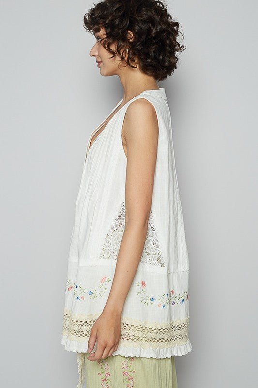 POL Embroidered Lace Detail V - Neck Sleeveless Top - S. M. & Co.