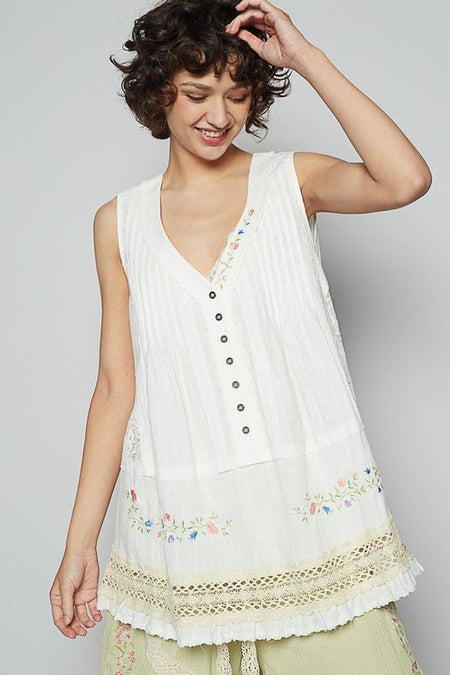 POL Embroidered Lace Detail V - Neck Sleeveless Top - S. M. & Co.