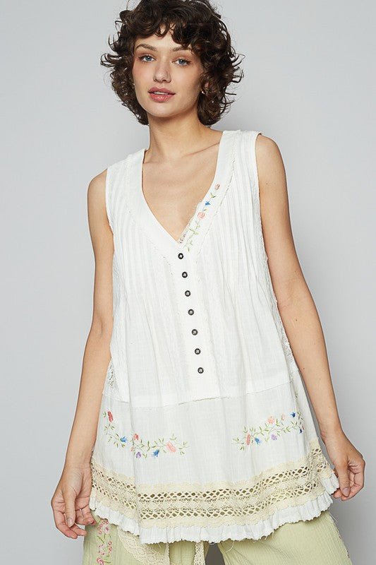 POL Embroidered Lace Detail V - Neck Sleeveless Top - S. M. & Co.