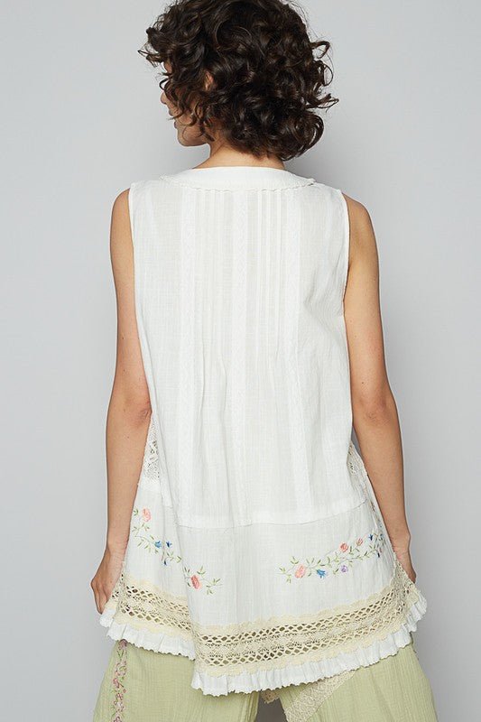 POL Embroidered Lace Detail V - Neck Sleeveless Top - S. M. & Co.