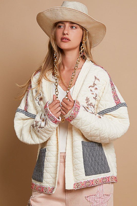 POL Embroidered Open Front Long Sleeve Jacket - S. M. & Co.