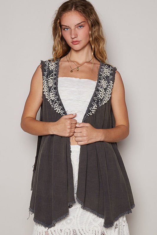 POL Embroidered Pearls Open Front Sleeveless Cardigan - S. M. & Co.