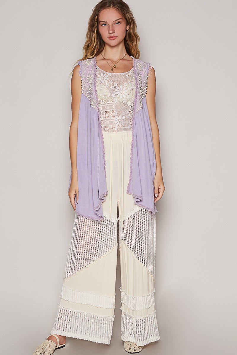 POL Embroidered Pearls Open Front Sleeveless Cardigan - S. M. & Co.