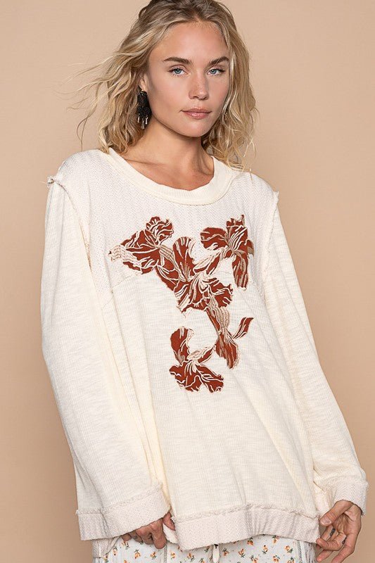 POL Embroidered Round Neck Long Sleeve Knit Top - S. M. & Co.