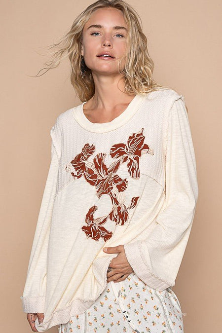 POL Embroidered Round Neck Long Sleeve Knit Top - S. M. & Co.