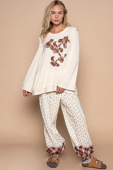 POL Embroidered Round Neck Long Sleeve Knit Top - S. M. & Co.