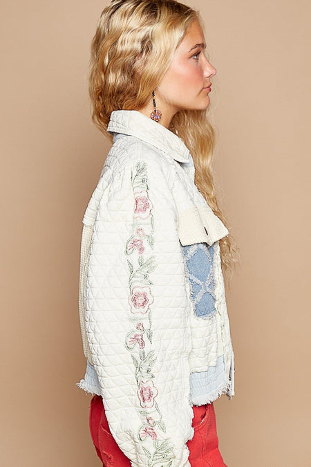 POL Embroidered Sleeve Raw Edge Quilted Jacket - S. M. & Co.