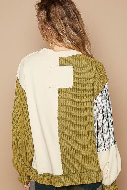 POL Exposed Seam Floral Patch Color Block Round Neck Sweatshirt - S. M. & Co.