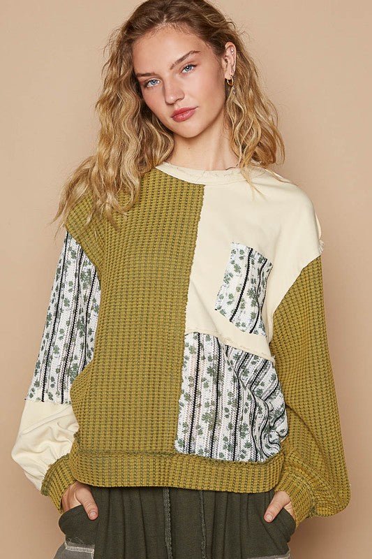 POL Exposed Seam Floral Patch Color Block Round Neck Sweatshirt - S. M. & Co.