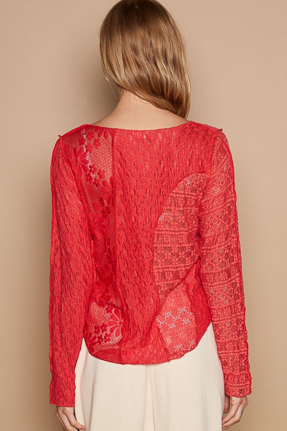 POL Exposed Seam Long Sleeve Lace Knit Top - S. M. & Co.