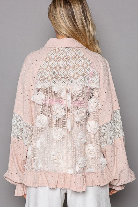 POL Eyelet Flower Pearl Detail Lace Patchwork Shirt - S. M. & Co.