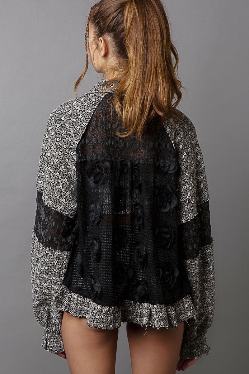 POL Eyelet Flower Pearl Detail Lace Patchwork Shirt - S. M. & Co.