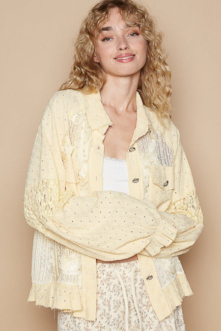 POL Eyelet Flower Pearl Detail Lace Patchwork Shirt - S. M. & Co.