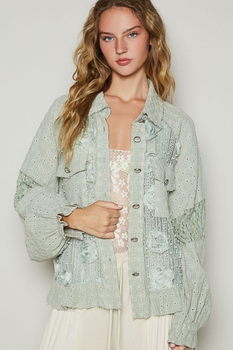 POL Eyelet Flower Pearl Detail Lace Patchwork Shirt - S. M. & Co.