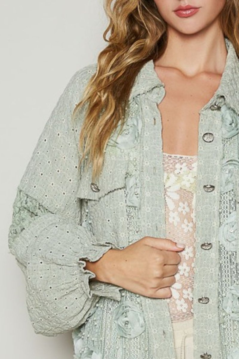 POL Eyelet Flower Pearl Detail Lace Patchwork Shirt - S. M. & Co.