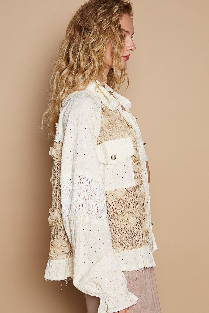 POL Eyelet Flower Pearl Detail Lace Patchwork Shirt - S. M. & Co.