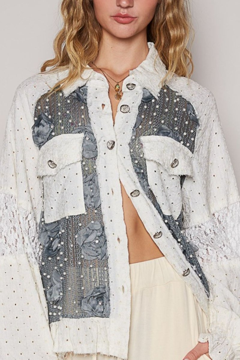 POL Eyelet Flower Pearl Detail Lace Patchwork Shirt - S. M. & Co.