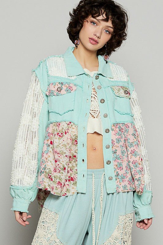 POL Floral Crochet Lace Frayed Edge Button Up Shacket - S. M. & Co.