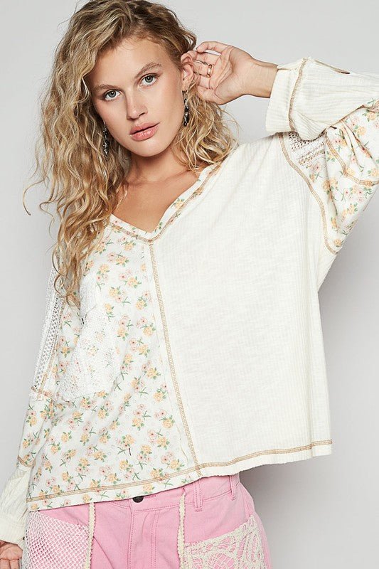 POL Floral Crochet Patch V - Neck Top - S. M. & Co.