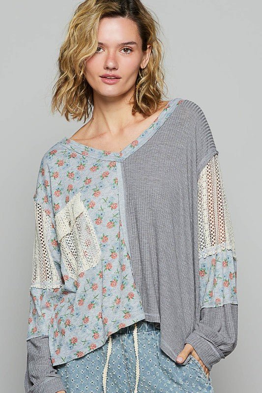 POL Floral Crochet Patch V - Neck Top - S. M. & Co.