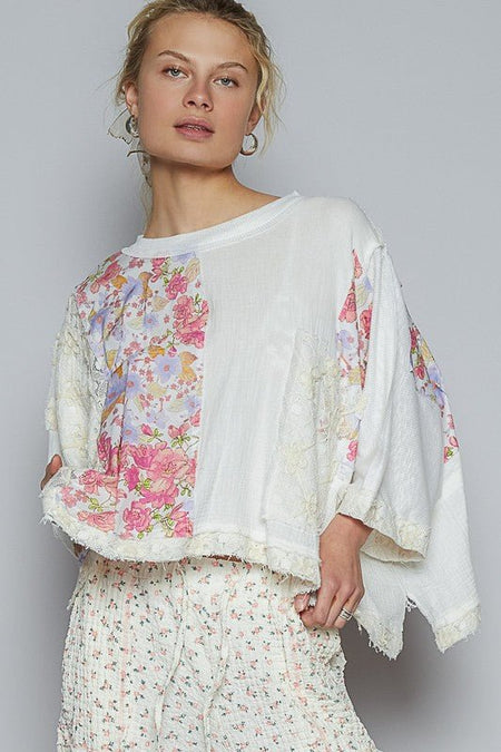 POL Floral Lace Patch Round Neck Double Gauze Top - S. M. & Co.