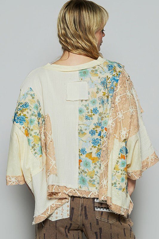 POL Floral Lace Patch Round Neck Double Gauze Top - S. M. & Co.