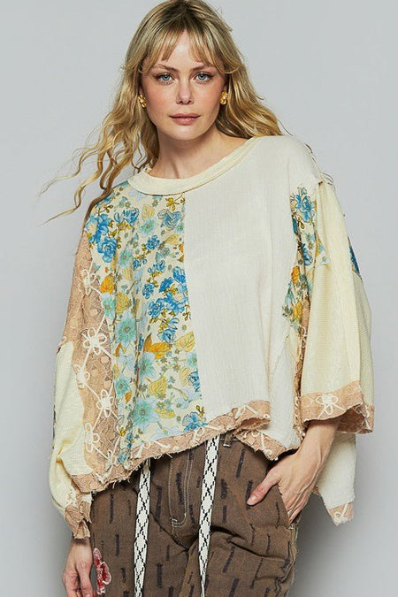 POL Floral Lace Patch Round Neck Double Gauze Top - S. M. & Co.