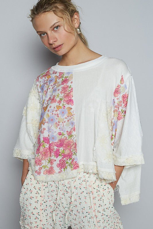 POL Floral Lace Patch Round Neck Double Gauze Top - S. M. & Co.