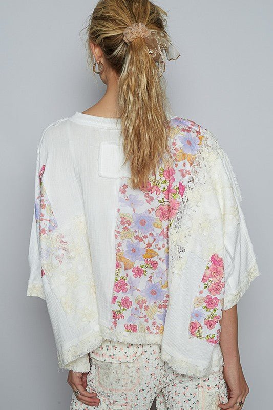 POL Floral Lace Patch Round Neck Double Gauze Top - S. M. & Co.