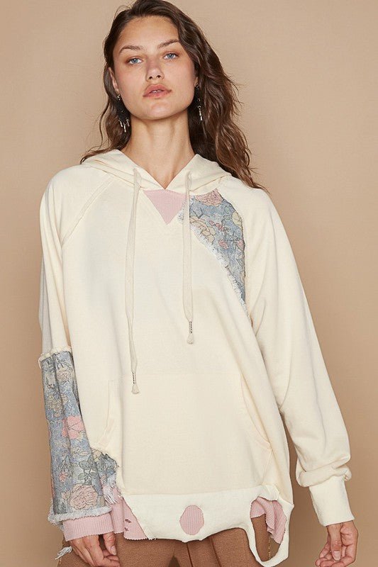 POL Floral Patchwork Distressed Drawstring Hoodie - S. M. & Co.