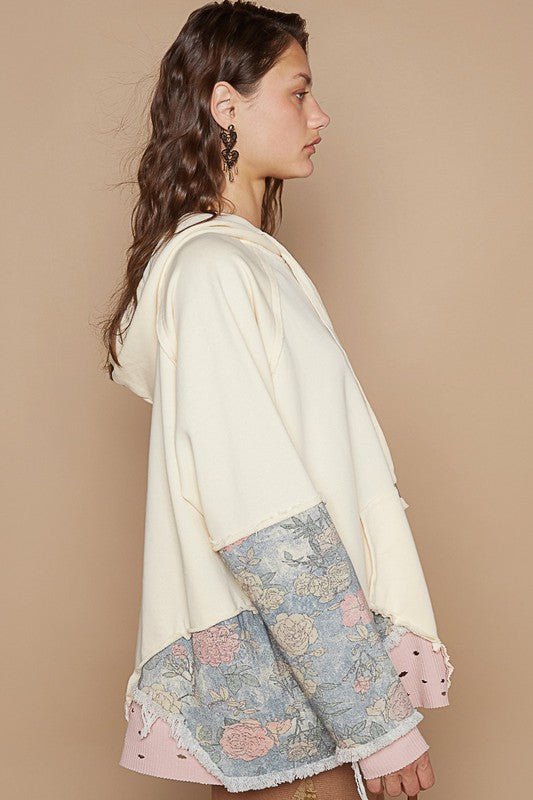 POL Floral Patchwork Distressed Drawstring Hoodie - S. M. & Co.