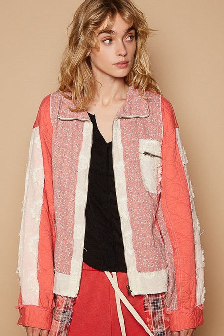 POL Floral Patchwork Zip Up Long Sleeve Jacket - S. M. & Co.