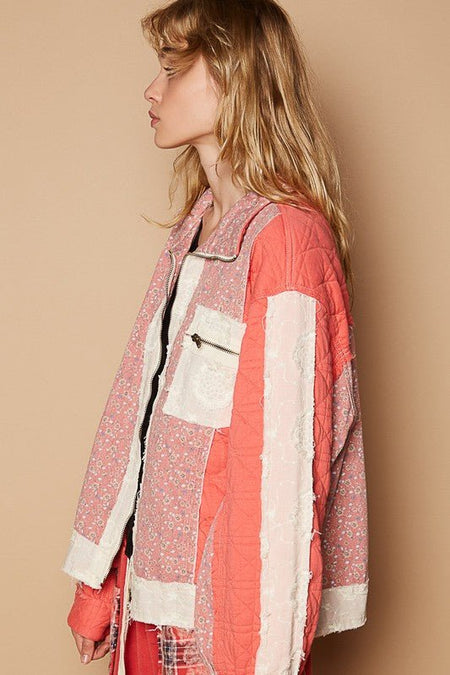 POL Floral Patchwork Zip Up Long Sleeve Jacket - S. M. & Co.