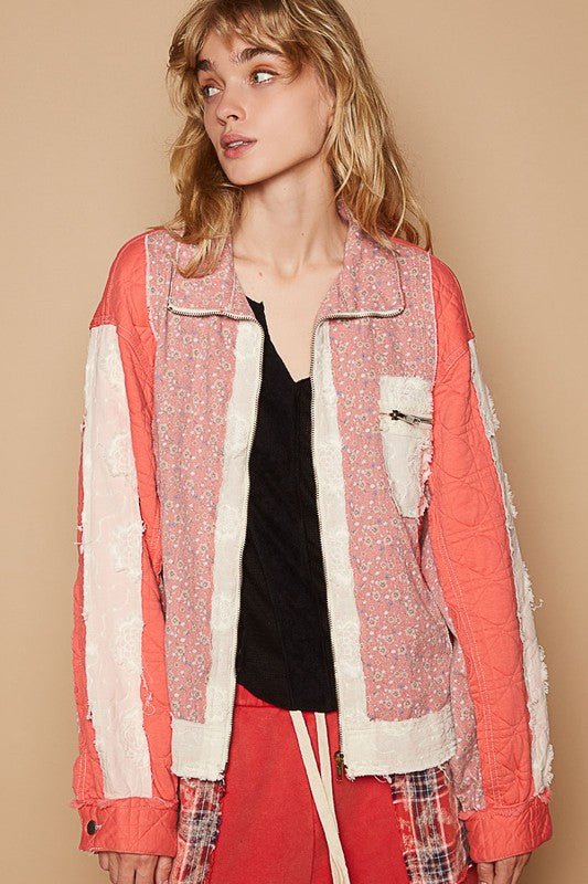 POL Floral Patchwork Zip Up Long Sleeve Jacket - S. M. & Co.