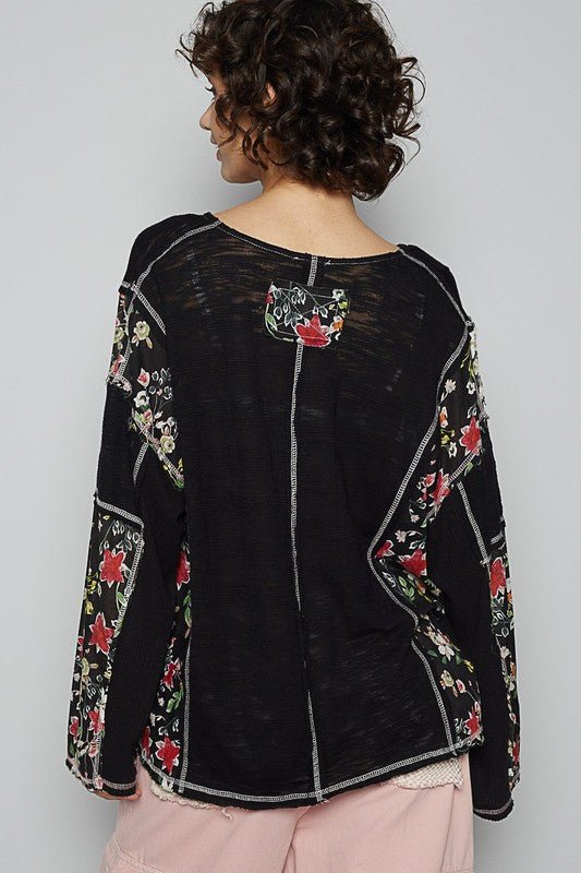 POL Floral Stud Detail Star Patch Notched Long Sleeve T-Shirt - S. M. & Co.