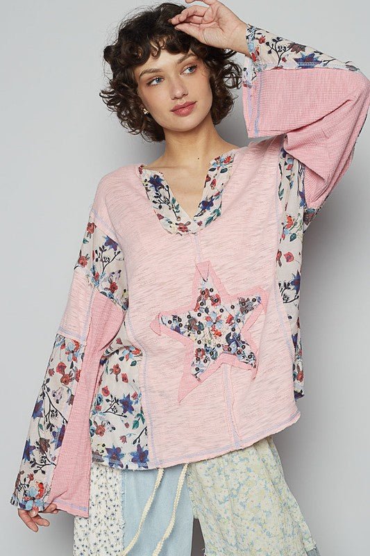 POL Floral Stud Detail Star Patch Notched Long Sleeve T-Shirt - S. M. & Co.