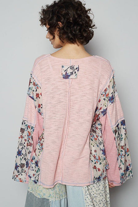 POL Floral Stud Detail Star Patch Notched Long Sleeve T-Shirt - S. M. & Co.