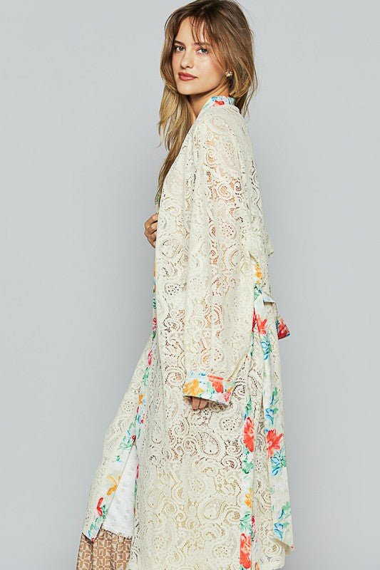 POL Floral Trim Lace Open Front Longline Cardigan - S. M. & Co.