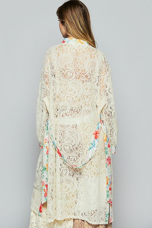 POL Floral Trim Lace Open Front Longline Cardigan - S. M. & Co.