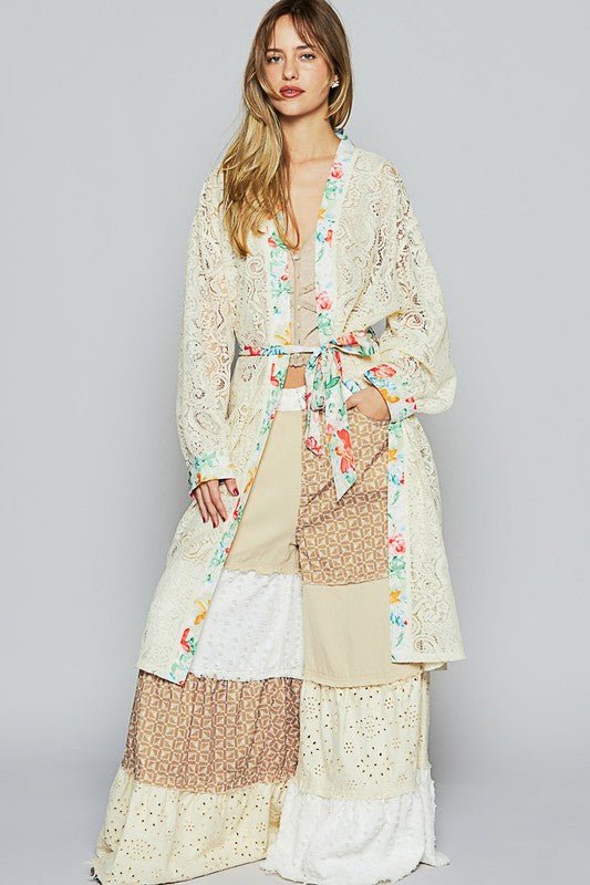 POL Floral Trim Lace Open Front Longline Cardigan - S. M. & Co.