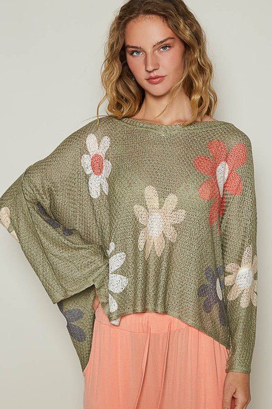 POL Flower Dropped Shoulder Long Sleeve Knit Top - S. M. & Co.