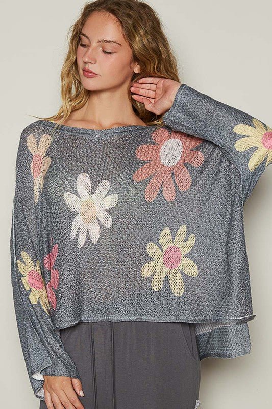 POL Flower Dropped Shoulder Long Sleeve Knit Top - S. M. & Co.