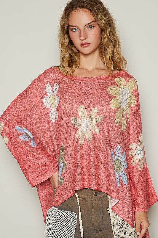 POL Flower Dropped Shoulder Long Sleeve Knit Top - S. M. & Co.