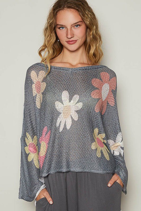 POL Flower Dropped Shoulder Long Sleeve Knit Top - S. M. & Co.