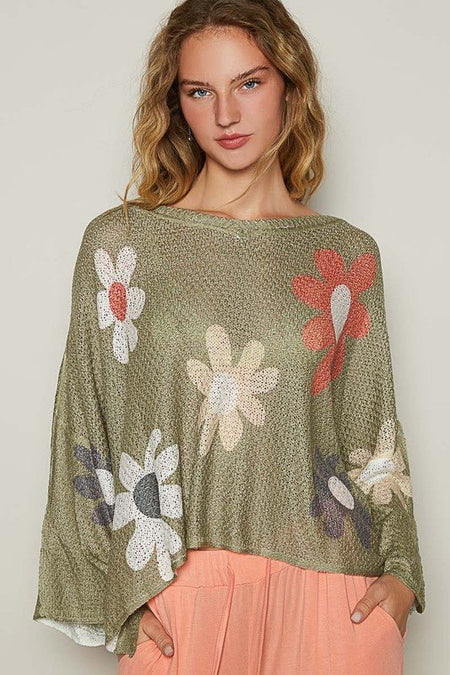 POL Flower Dropped Shoulder Long Sleeve Knit Top - S. M. & Co.