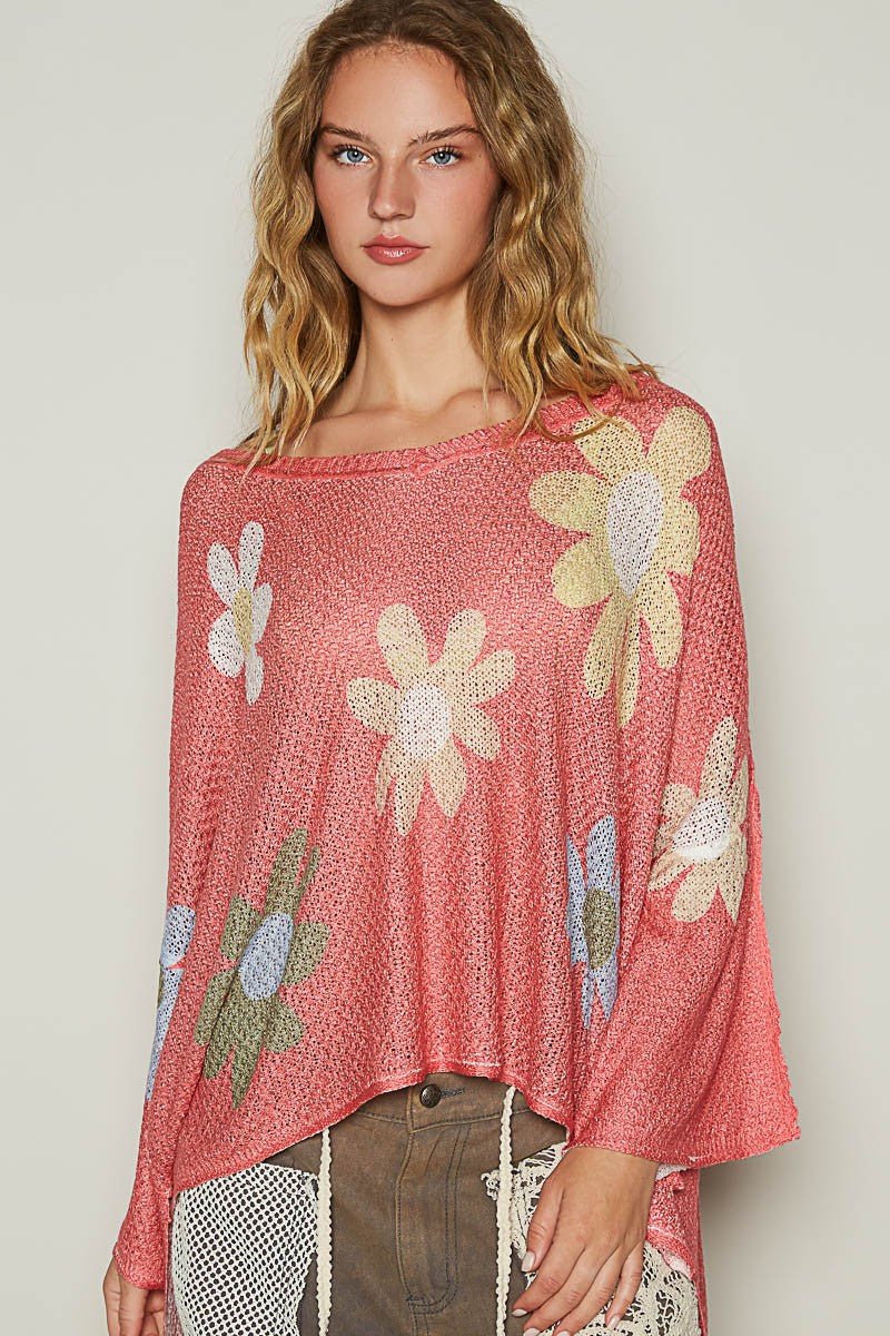 POL Flower Dropped Shoulder Long Sleeve Knit Top - S. M. & Co.